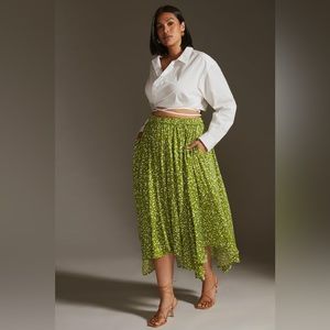 Anthropologie Sleek A-Line Midi Skirt GREEN MOTIF Size XL